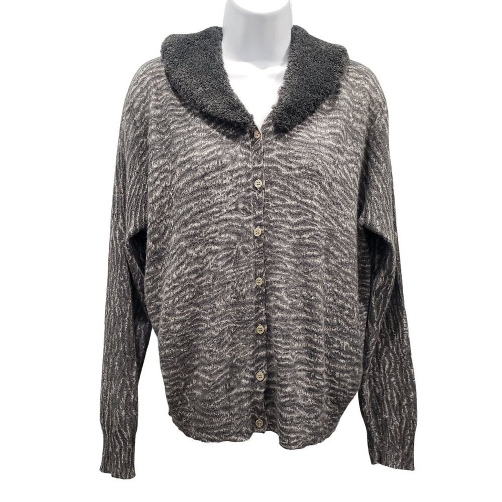 VTG Liz Claiborne Lambswool Angora Cardigan Faux Fur Collar Office Retro PM